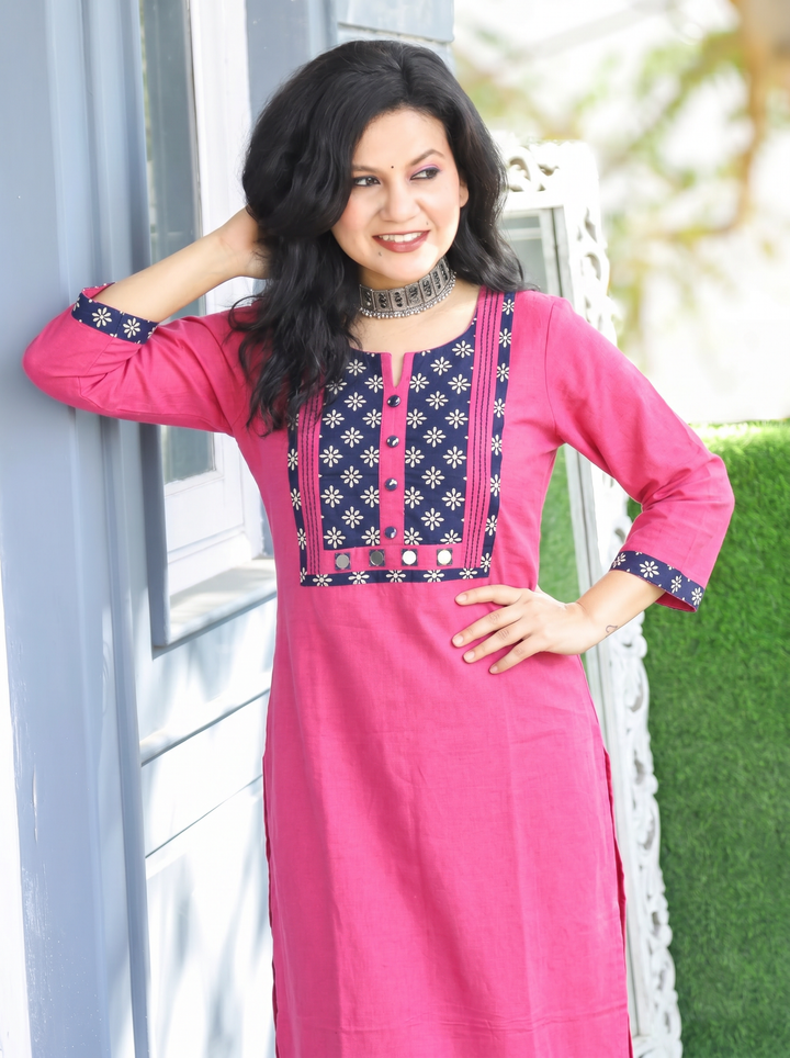 Sridevi Magenta Pink Potli with Mirror Ajrak Yoke Cotton Kurti