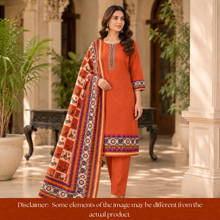 Pulvi Rust Orange Printed Hem and Dupatta Maheswari Chanderi Set