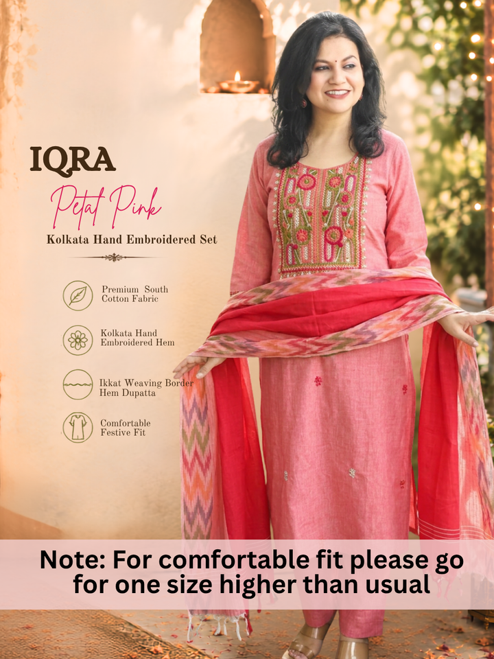 Iqra Petal Pink Kolkata Hand Embroidered South Cotton 3 Piece Set