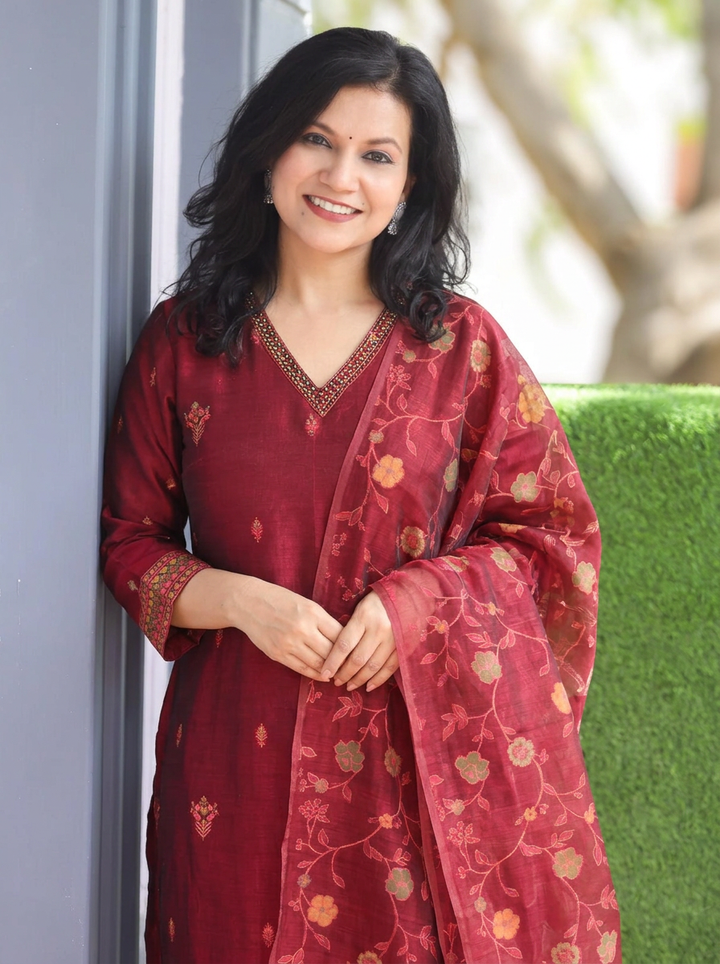 Madhuri Red Floral Jamdani 3 Piece Set