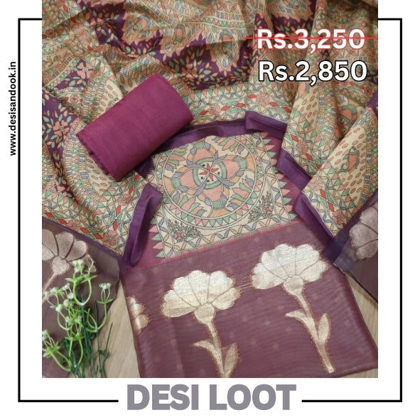 Saheli Raisin Purple Madhubani Print with Zari Detailing Korean Tussar Chanderi Set