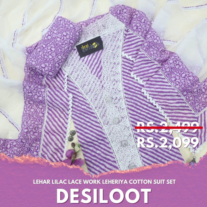 Lehar Lilac Lace Work Leheriya Cotton Top With Semi Cotton and Organza Dupatta set-D2