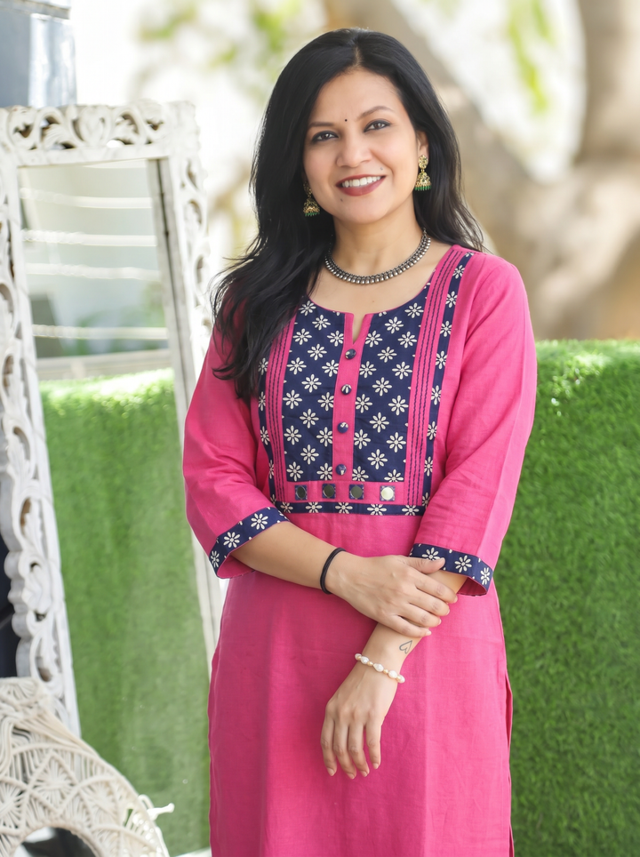 Sridevi Magenta Pink Potli with Mirror Ajrak Yoke Cotton Kurti