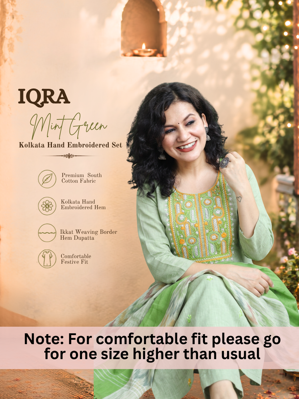 Iqra Mint Green Kolkata Hand Embroidered South Cotton 3 Piece Set