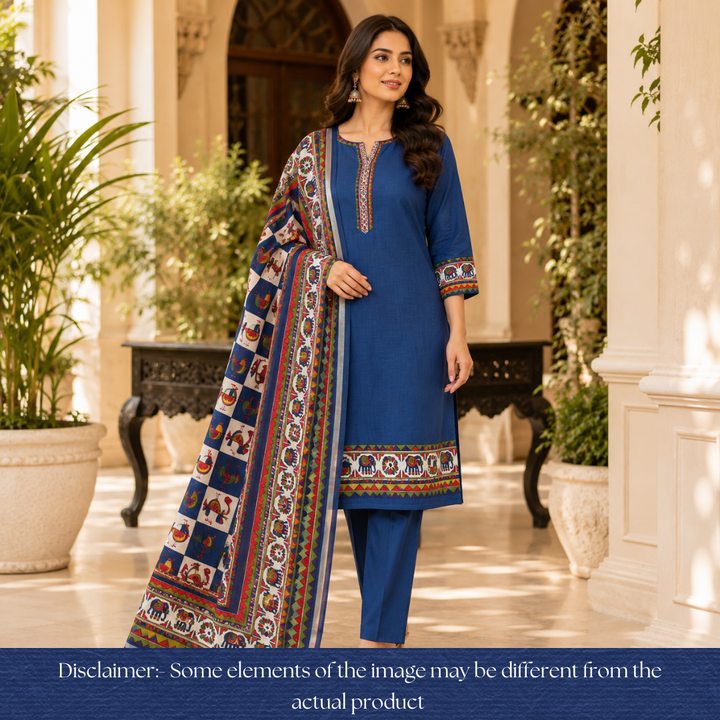Pulvi Royal Blue Printed Hem and Dupatta Maheswari Chanderi Set