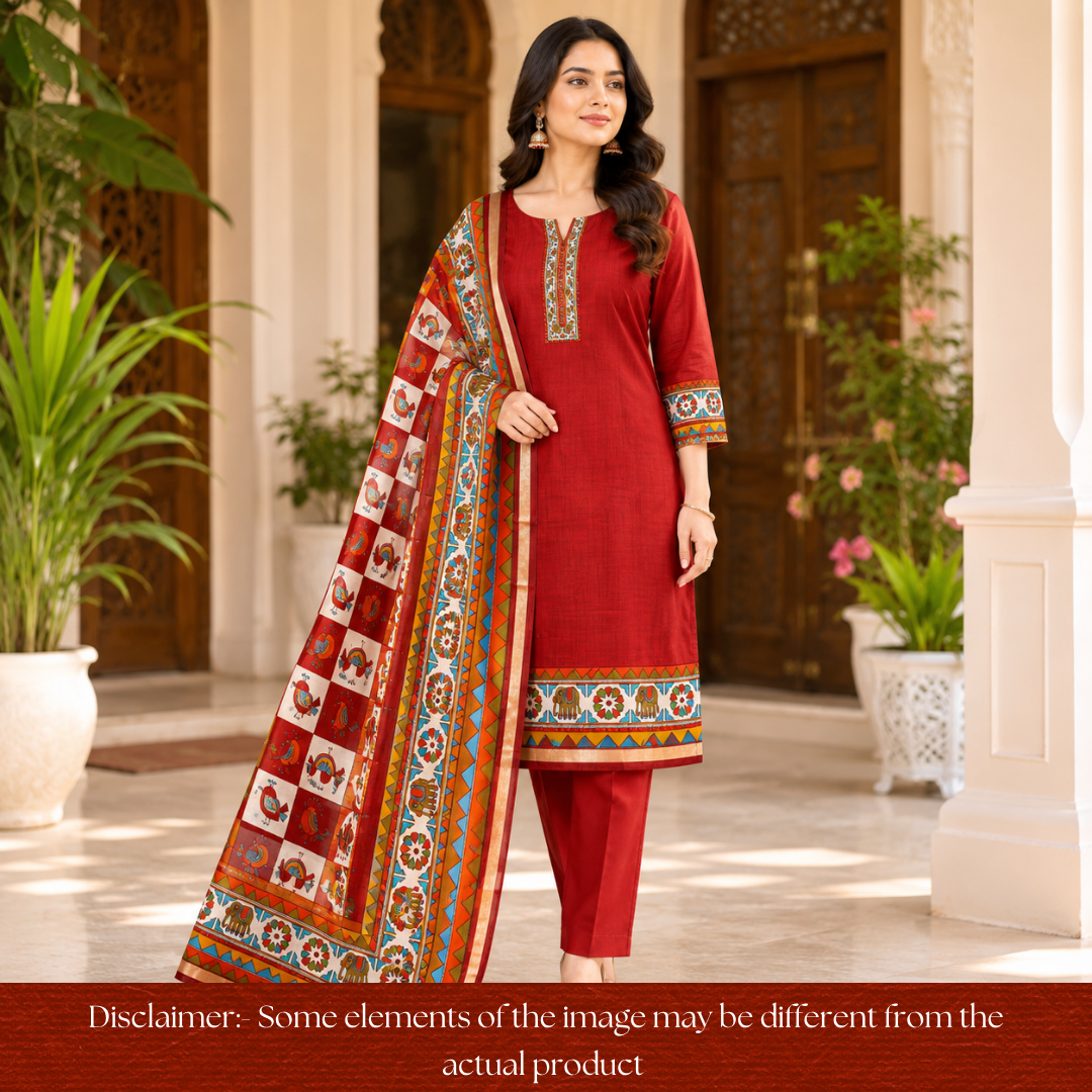 Pulvi Bride Red Printed Hem and Dupatta Maheswari Chanderi Set