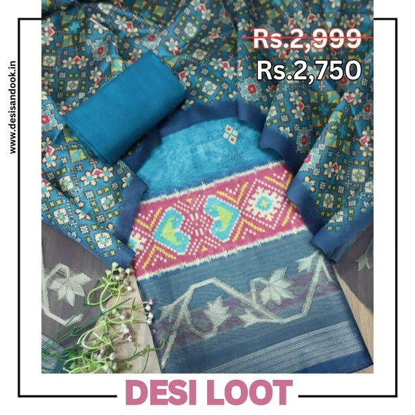 Kokila Sapphire Blue Ikkat Print with Zari Detailing Korean Tussar Chanderi Set