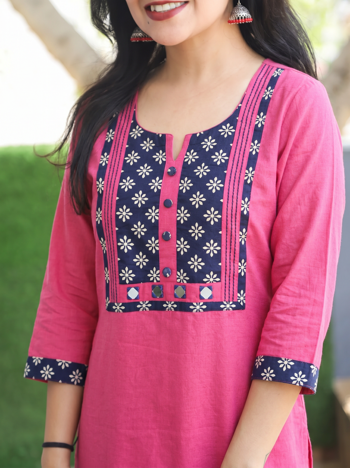 Sridevi Magenta Pink Potli with Mirror Ajrak Yoke Cotton Kurti