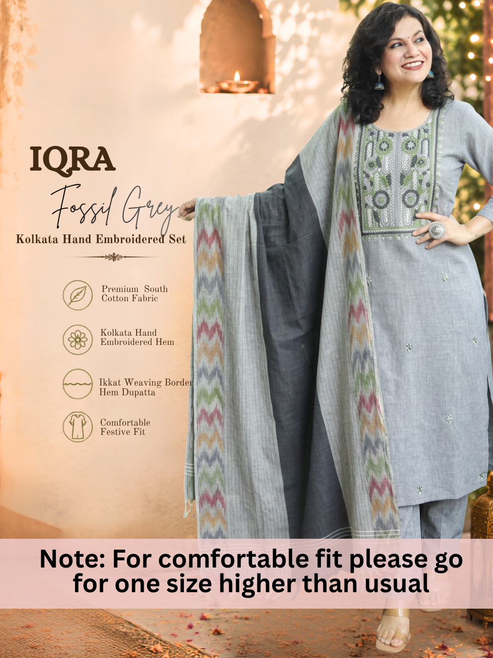 Iqra Fossil Grey Kolkata Hand Embroidered South Cotton 3 Piece Set