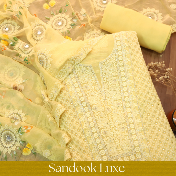 Nushrat Corn Yellow All Over Thread Work Georgette Set