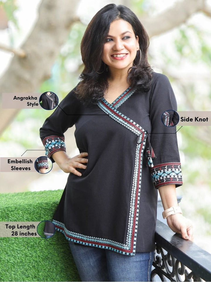 Rooprani Oil Black Angrakha Embellish Neck and Sleeve Short Cotton Flex Kurti