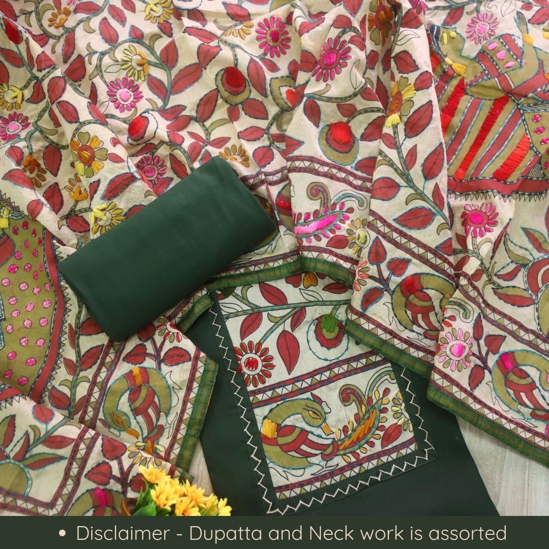 Farishta Dark Green Kantha Phulkari Fusion Work Glazed Cotton Suit Set D2