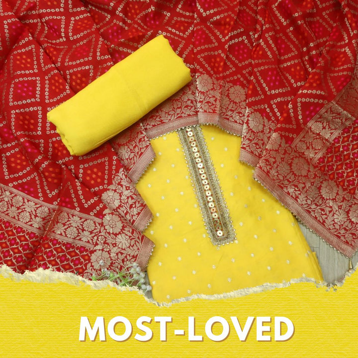 Kayamat Bumblebee Yellow Zari Polka Weave Dola Silk Suit Set