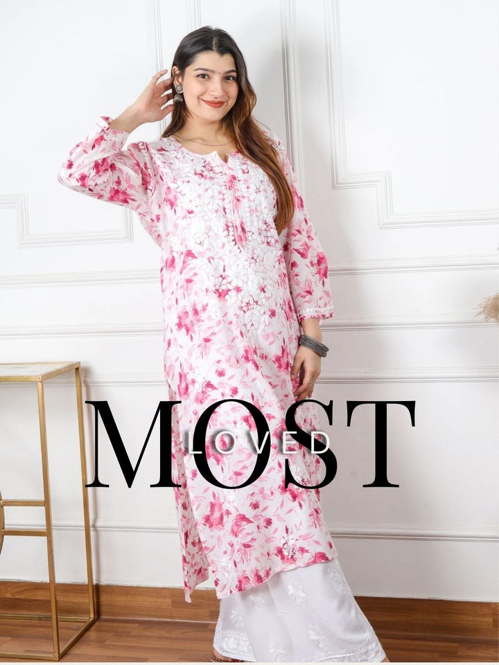 Kalakaar Flamingo Pink Floral Printed Chikankari Mul Cotton Kurti