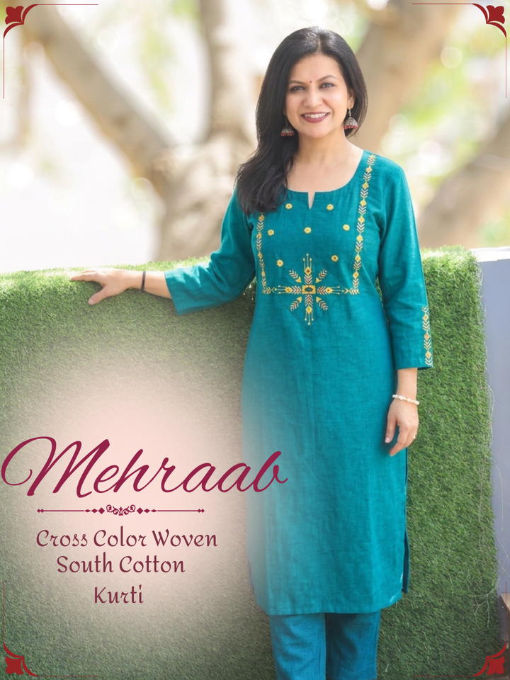 Mehraab Teal Cross Color Woven South Cotton Kurti