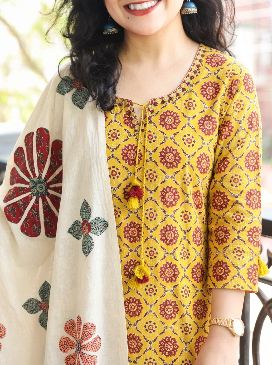 Jessica Dandelion Yellow Ajrak Print Cotton 3 Piece Set