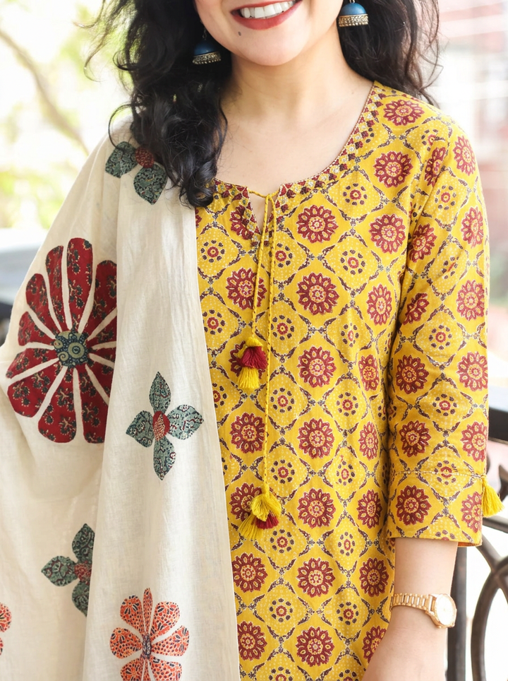 Jessica Dandelion Yellow Ajrak Print Cotton 3 Piece Set