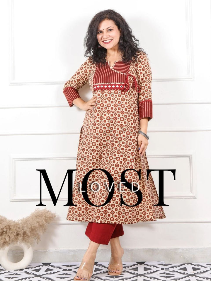 Rooh Ivory Beige with Red Patch Angrakha Neck in Ajrak Print Cotton Kurti