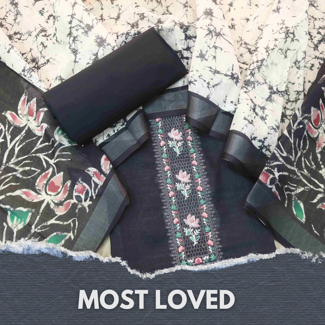 Noorani Ebony Black Thread Embroidered Neck Work Cotton linen suit Set