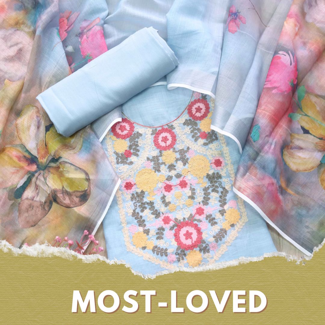 Fitoori Artic Blue Kashida Inspired Work Cotton Linen Suit Set