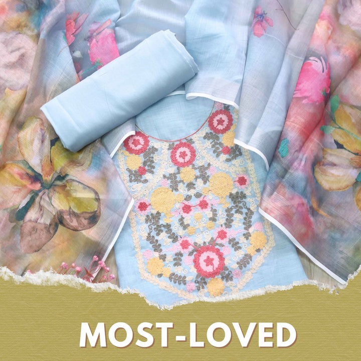 Fitoori Artic Blue Kashida Inspired Work Cotton Linen Suit Set