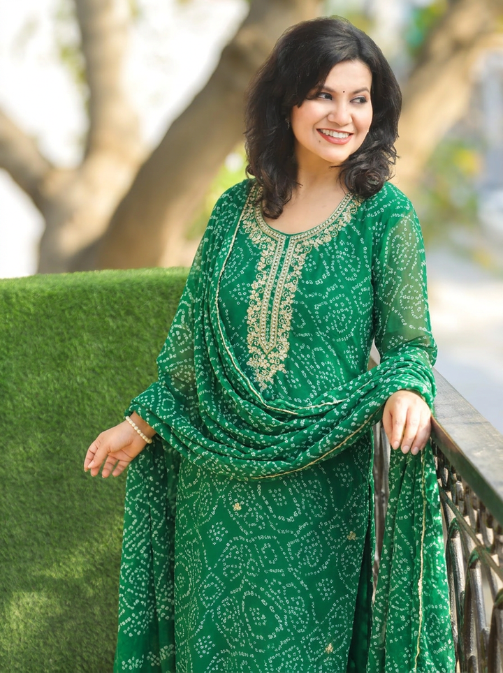 Bahaar Green Embellished Bandhani Georgette 3 Piece Set