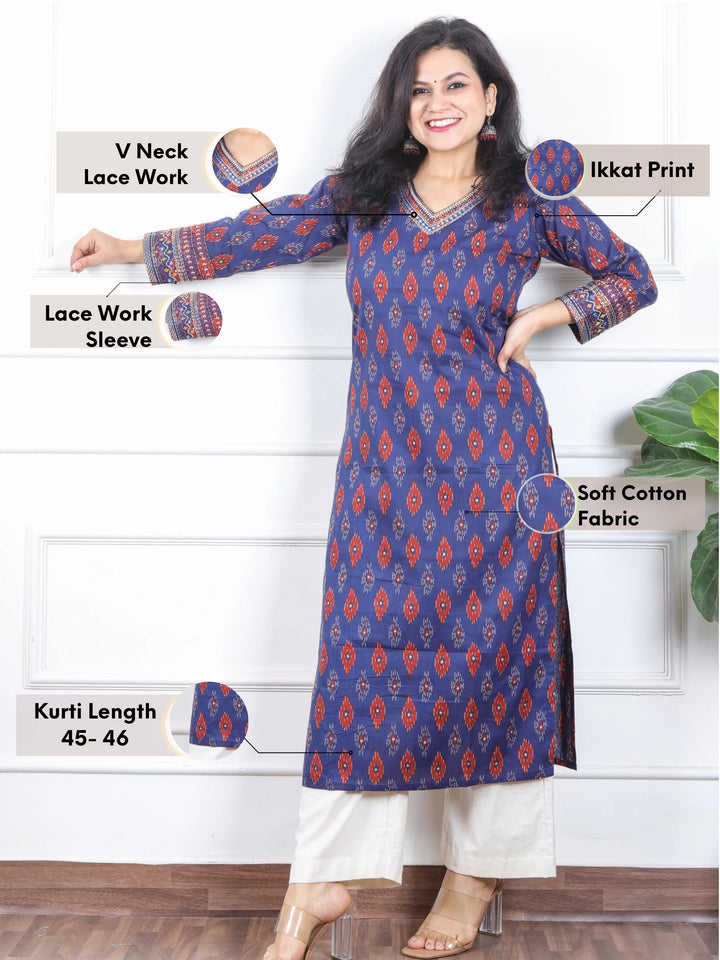 Daarshvi Indigo Blue Printed V Neckline Lace Work Cotton Kurti