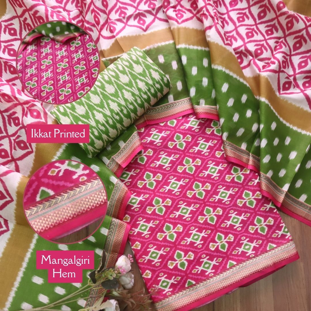 Kaasvi Bright Pink Ikkat Printed Mangalgiri Hem Work Cotton Suit Set D2