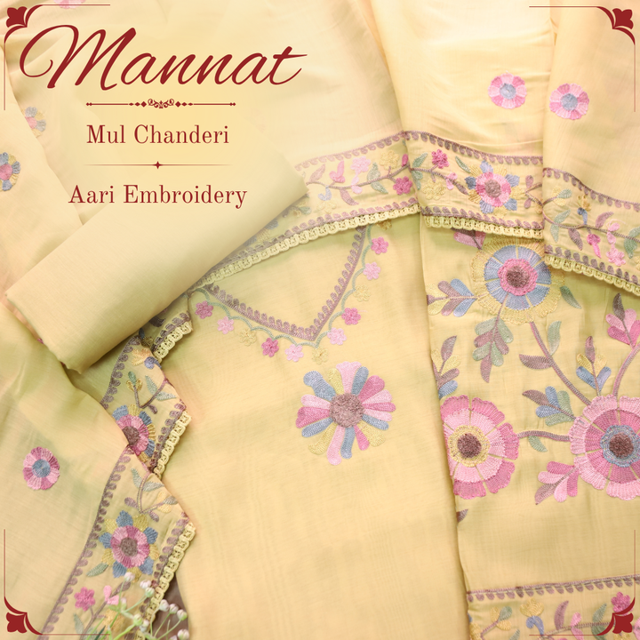 Mannat Butter Yellow Aari Embroidered Hem Mul Chanderi Set