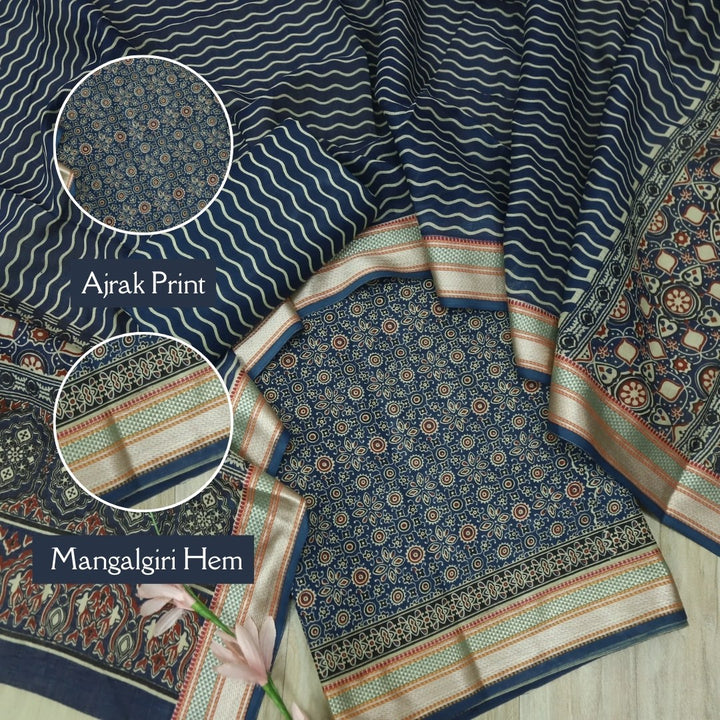 दिपशा Prussian Blue Ajrak Printed Mangalgiri Hem Work Cotton Suit Set