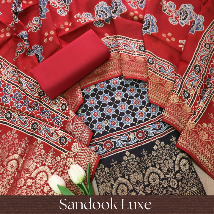 Musafir Ebony Black Zari Woven Hem Ajrak Printed Dola Silk Set