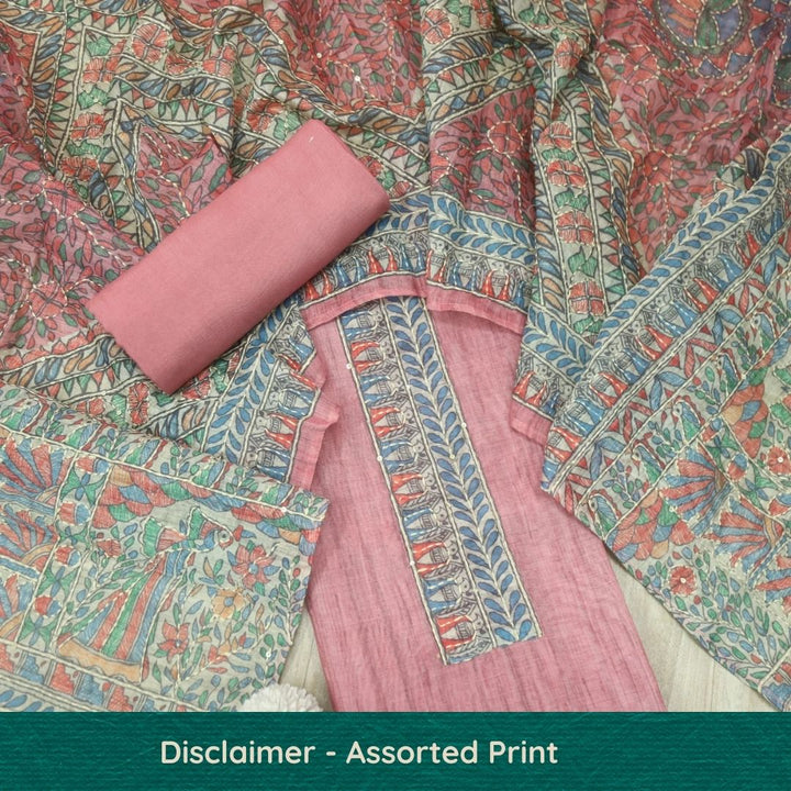 Khalasi Candy Pink Madhubani Printed Chanderi Kantha Work Suit Set