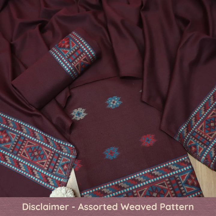 बेगमजान Burgundy Wine Enhanced with Thread Weaved Hem Semi Pashmina Winter Set