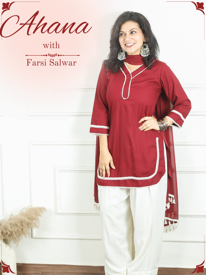 Ahana Maroon Wine Lace Work Farsi Cotton 3 Piece Set