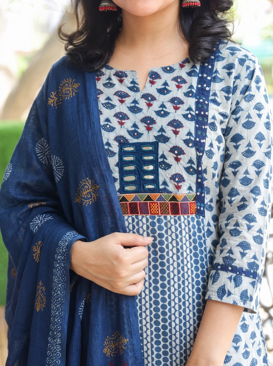 Aishwarya Faded Blue Panel Style Dabu Printed 3 Piece Set