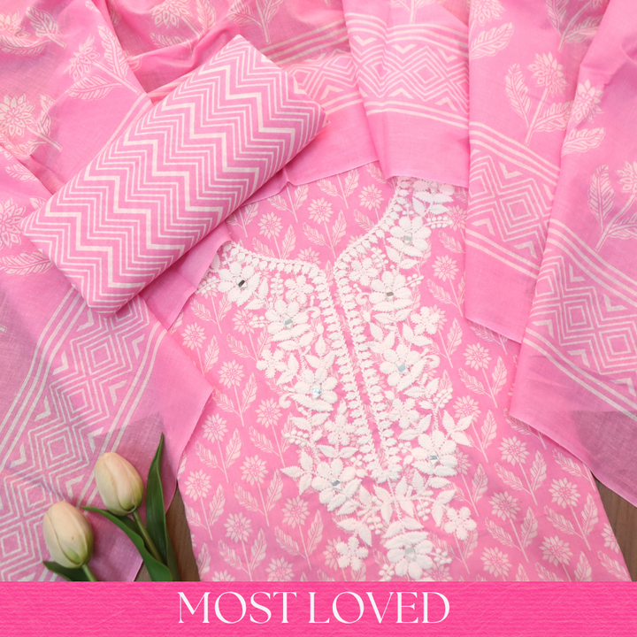 Aaruhi Fuscia Pink Chikankari Inspired Neck Printed Cotton Set