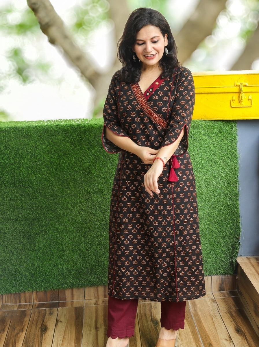 Varsha Oil Black Angrakha Lotus Panel Cotton Kurti