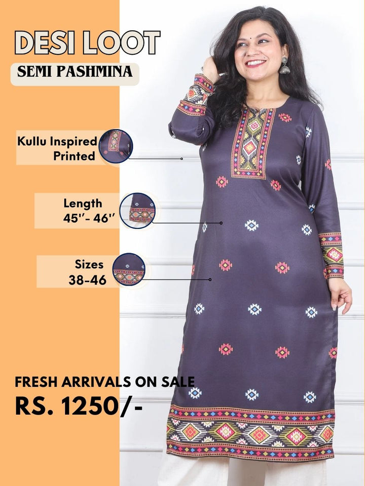 Zinat Midnight Black  Kullu inspired Printed Semi Pashmina Kurti