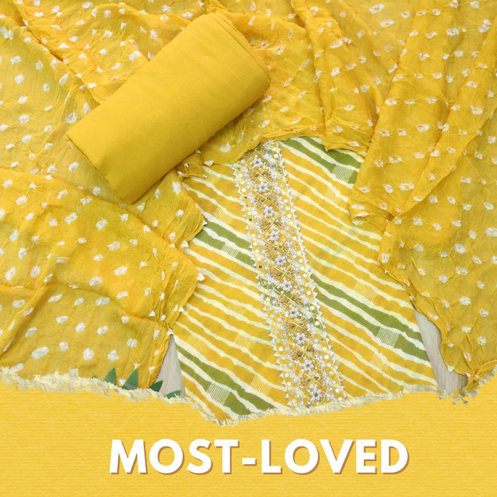 Leher Canary Yellow Embellished Neck Work Leheriya Cotton Suit Set D3