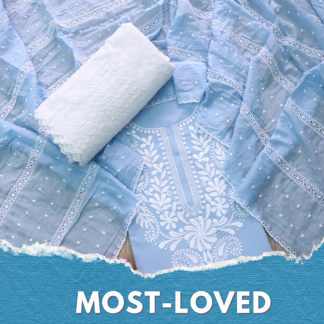Nadaani Azure Blue Chikankari inspired Neck Work Cotton Suit Set