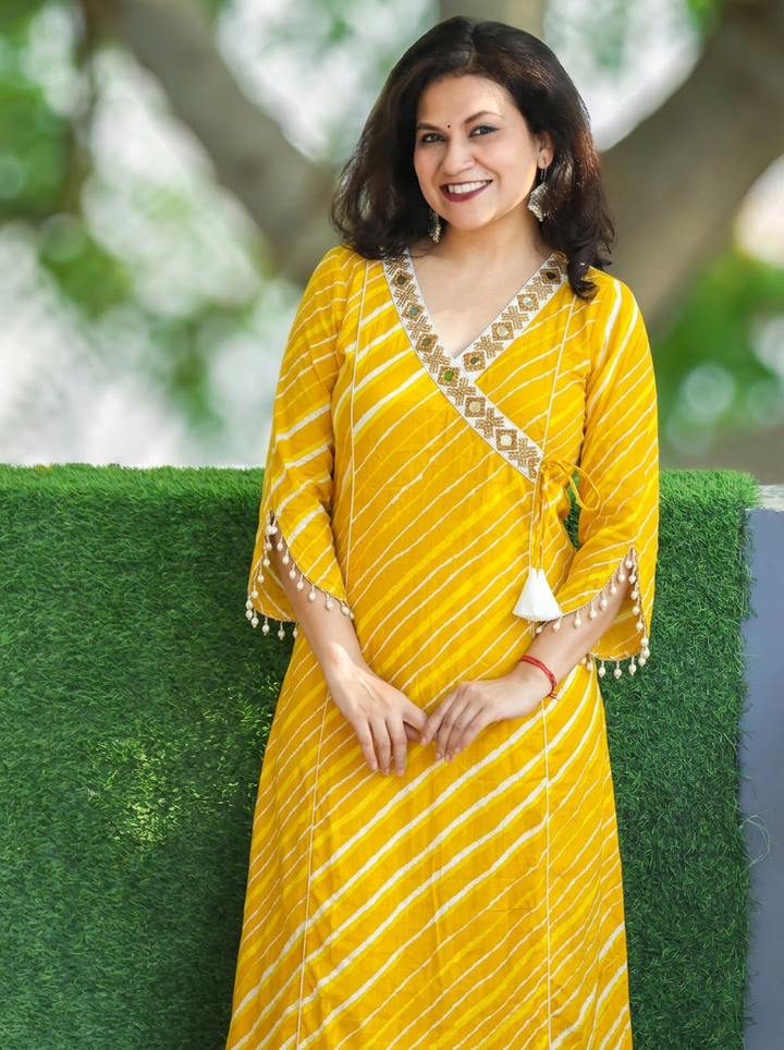 Lehar Sunflower Yellow Panel Style Leheriye Cotton Kurti