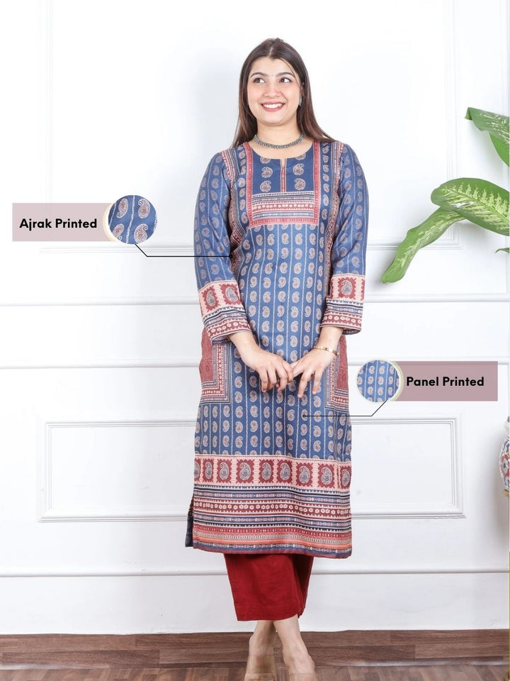 Royal Blue Ajrak Placement Print Semi Pashmina Winter Kurti