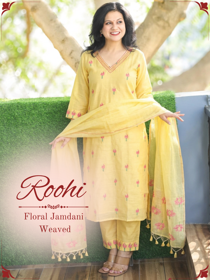 Roohi Yellow Floral Jamdani Weaved 3 PIece Set