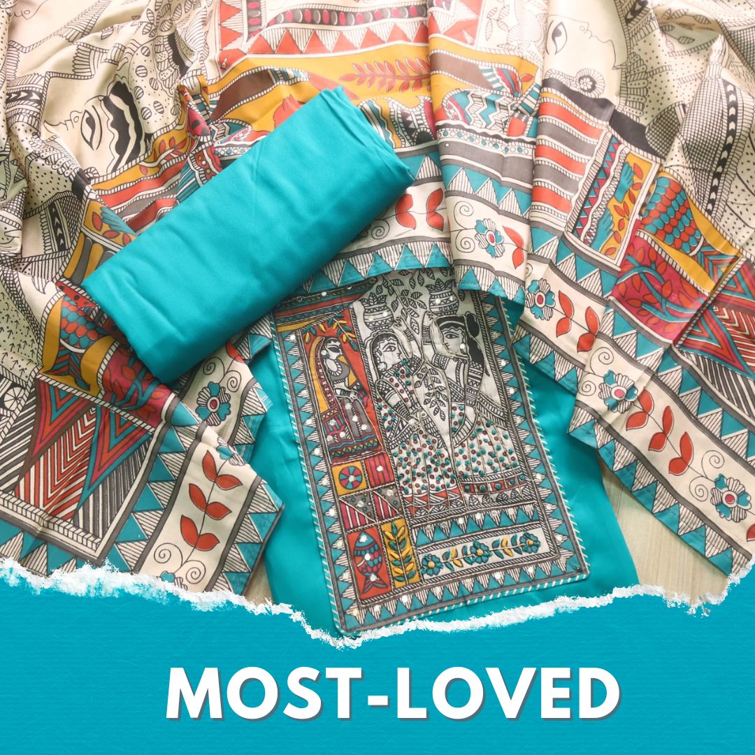 Vastra Teal Aqua Madhubani Patch with Spiral Jam Cotton Satin Suit Set