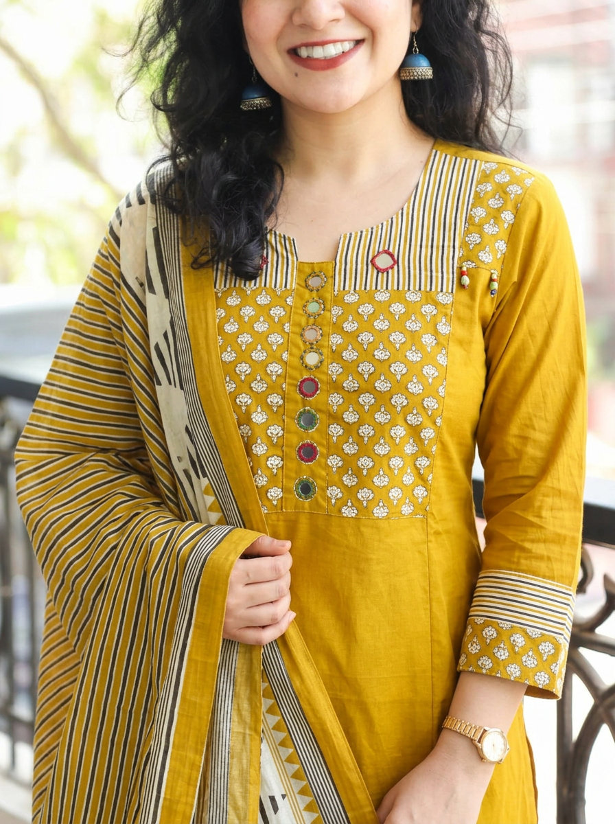 Jessica Turmeric Yellow Mirror Yoke Cotton 3 Piece Set
