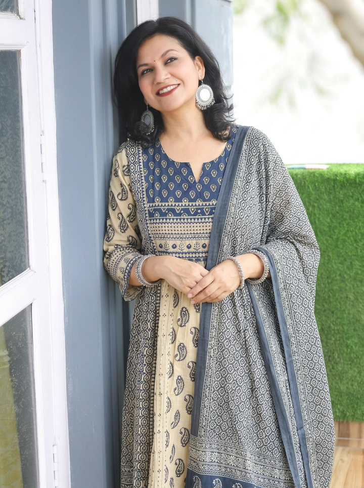 Parineeti Beige Blue Panel Style Cotton 3 Piece Set
