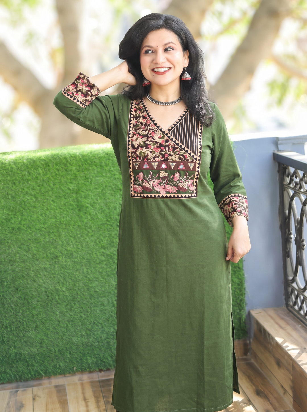 Sayami Green Kalamkari Angrakha Cotton Kurti
