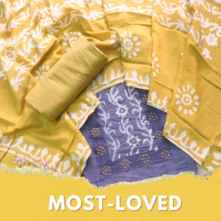Sumati Fossil Grey with Yellow French Knot Batik Print Neck Chanderi Suit Set