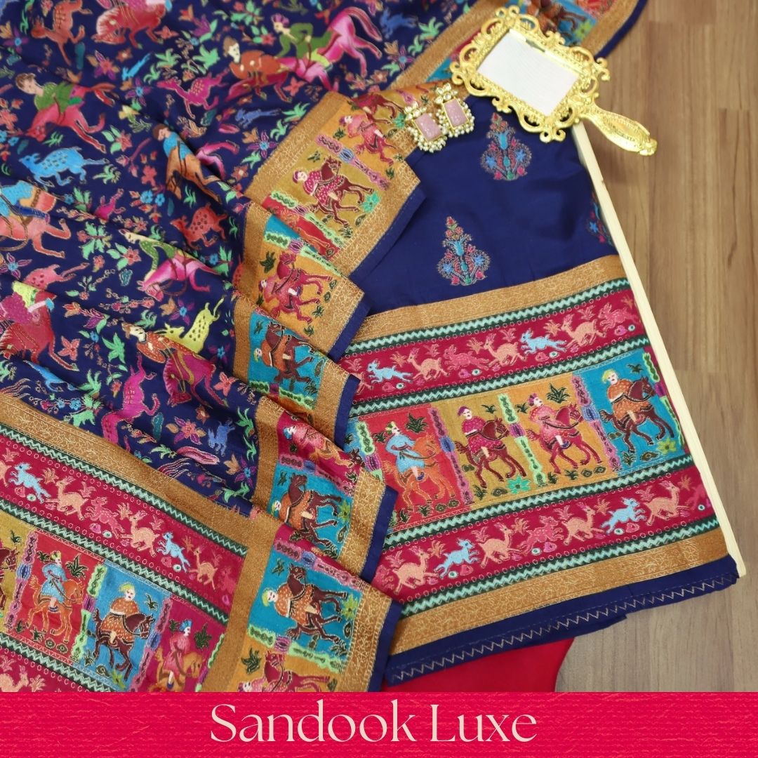 Saraayah Blue Luxe Pochampally Print in Pogishan Jacquard Weaved Gajji Silk Set