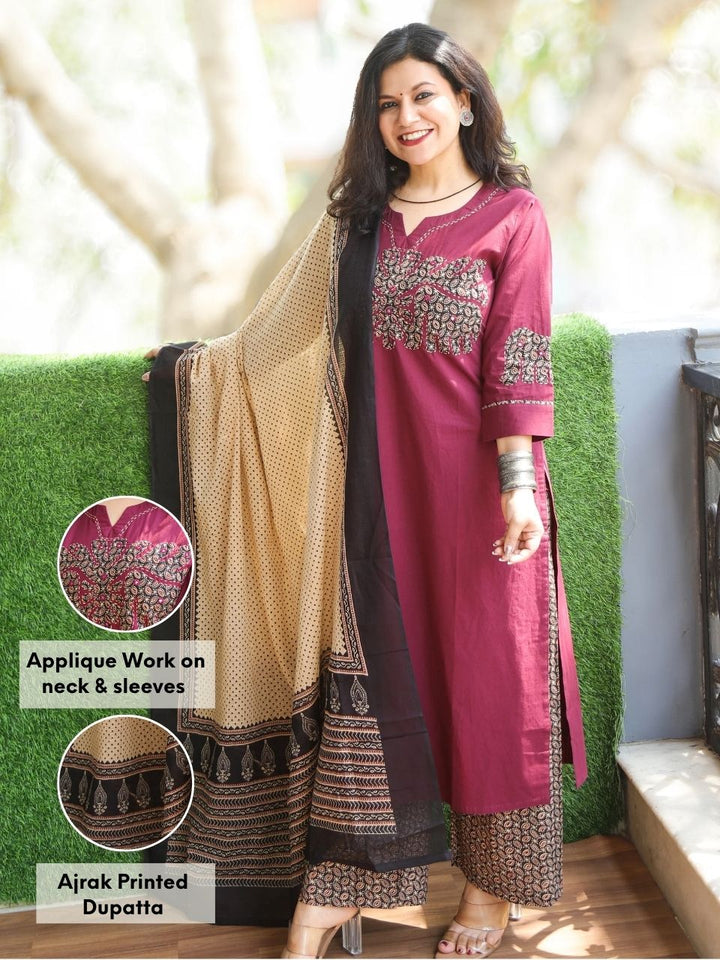 Pankhudi Plum Purple Hand Applique with Kantha and Mirror Work Cotton 3 Piece Set